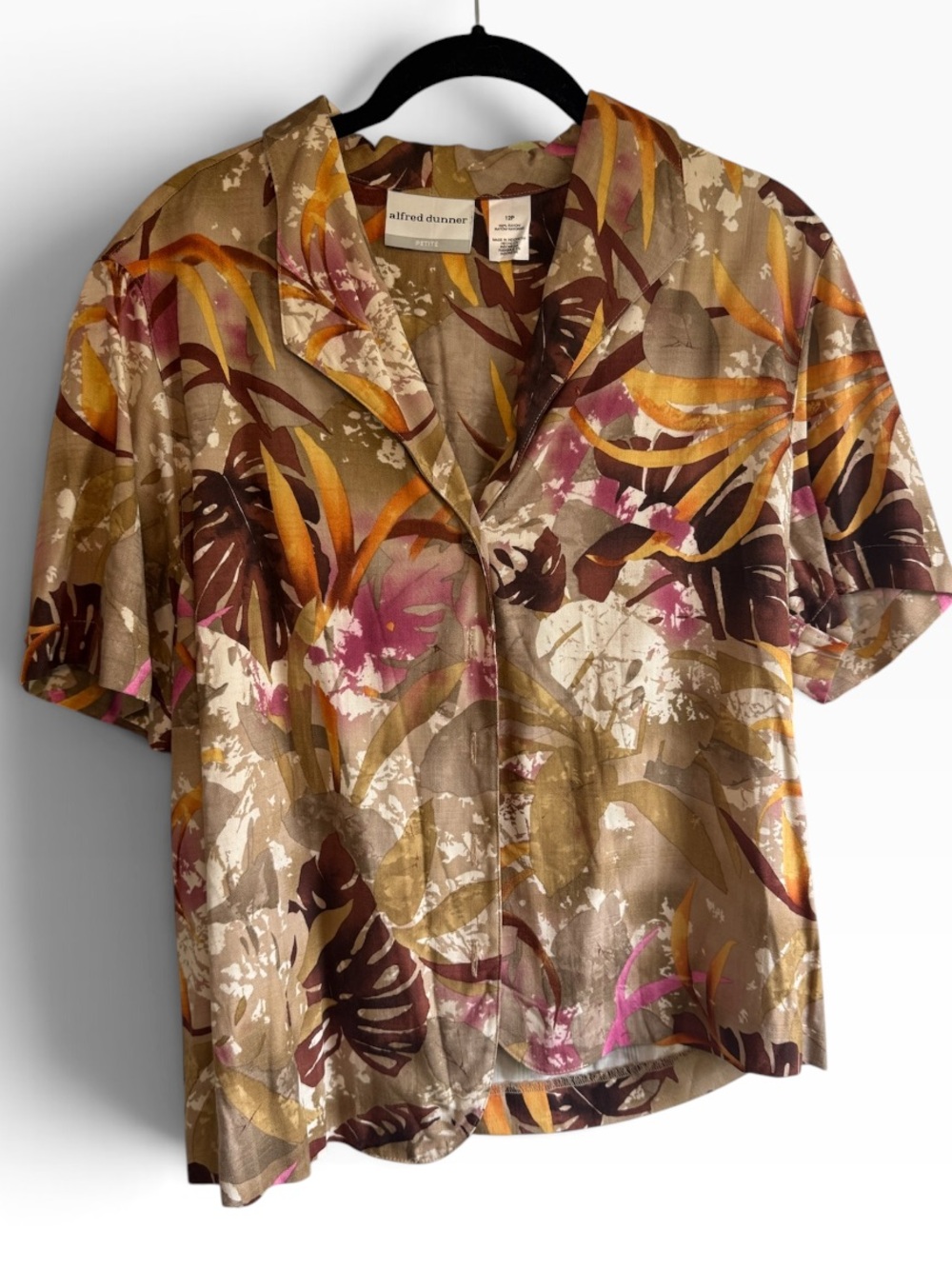 Alfred Dunner Petite 12P Tropical Floral Button Down Shirt Rayon Blouse